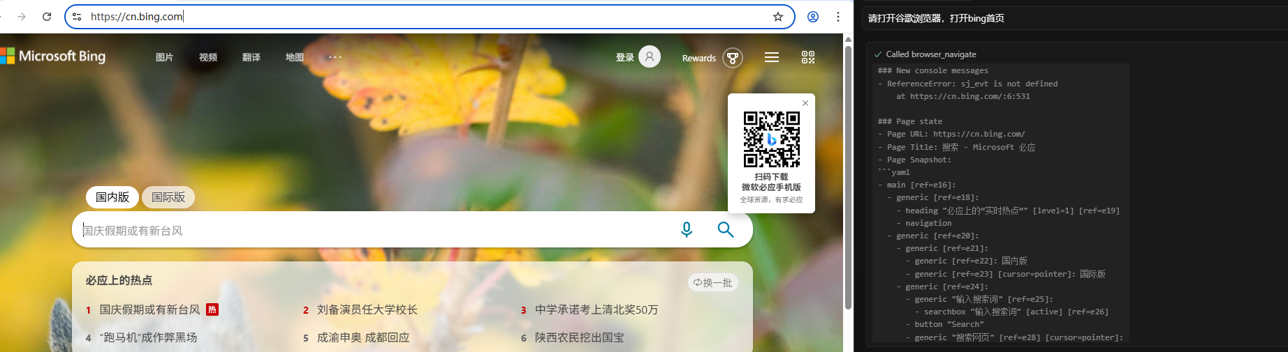 请打开谷歌浏览器，打开bing首页
