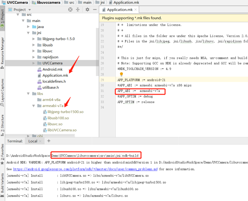 在 as 的 Terminal 终端界面，切到 jni 目录下，直接 ndk-build，就可以生成我们需要的 so 库文件