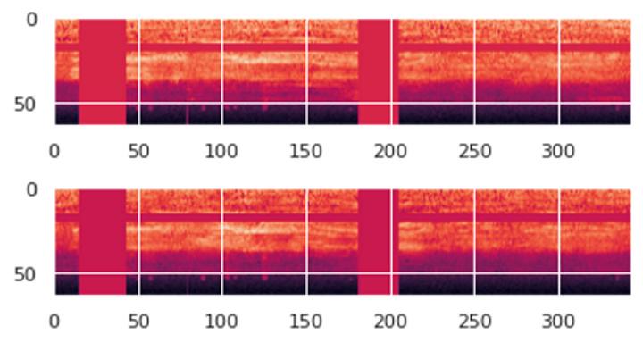 带有垂直和水平掩码带的梅尔声谱图显示了频率和时间屏蔽数据的增强